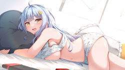 Rule 34 | 1girl, :d, absurdres, ahoge, bare shoulders, bed sheet, blue hair, blush, breasts, cat hair ornament, curtains, day, frilled pillow, frills, hair ornament, hairclip, highres, indoors, large breasts, long hair, looking at viewer, lying, moyoron, navel, nintendo switch, hugging object, on side, open mouth, original, pillow, pillow hug, polka dot, polka dot shorts, short shorts, shorts, smile, solo, sunlight, underboob, very long hair, white shorts, window, yellow eyes
