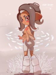Rule 34 | 1girl, agent 8 (splatoon), arm warmers, ass, bare shoulders, blush, bodysuit, boots, breasts, brown hair, closed mouth, colored skin, copyright name, coral, curry ama, dark-skinned female, dark skin, from behind, full body, gradient hair, gradient skin, highres, kneehighs, long hair, looking at viewer, looking back, medium breasts, multicolored hair, multicolored skin, nintendo, octoling, octoling girl, octoling player character, pantylines, pink eyes, red hair, red skin, school of fish, single arm warmer, sleeveless, sleeveless bodysuit, socks, solo, splatoon (series), splatoon 3, splatoon 3: side order, standing, suction cups, tentacle hair, two-tone hair, two-tone skin, white bodysuit, white footwear, white socks