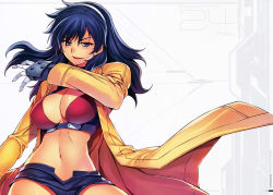 Rule 34 | 1girl, absurdres, bikini, bikini top only, blue eyes, blue hair, blush, breasts, character name, cleavage, female focus, freezing (series), gloves, hairband, highres, huge filesize, jacket, kim kwang hyun, large breasts, lips, long hair, long sleeves, looking at viewer, matching hair/eyes, navel, official art, open mouth, parted lips, petty layner, red bikini, scan, short shorts, shorts, solo, stomach, swimsuit