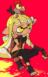Rule 34 | 1girl, agent 3 (splatoon 3), asymmetrical hair, bandaged arm, bandaged foot, bandaged hand, bandages, black pants, black shirt, blonde hair, braid, closed mouth, earpiece, frown, groin, hand on own face, hand up, highres, inari1369, inkling, inkling girl, inkling player character, long hair, lowleg, lowleg pants, nintendo, no nose, on head, pants, pointy ears, salmonid, shirt, sitting, sleeveless, sleeveless shirt, smallfry (splatoon), splatoon (series), splatoon 3, squidbeak splatoon, suction cups, sweatpants, tentacle hair, torn clothes, torn shirt, yellow eyes