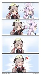 Rule 34 | 2girls, 4koma, :d, absurdres, belt, black gloves, blazer, blue archive, blush stickers, capelet, collared shirt, comic, commentary request, demon girl, demon horns, dress, drooling, durian12, eating, flower, gloves, grey hair, hair between eyes, hair bun, hair flower, hair ornament, hair scrunchie, hair tubes, hairclip, halo, heart, highres, holding, horns, indonesian commentary, izumi (blue archive), jacket, long hair, long sleeves, looking at another, mika (blue archive), multiple girls, necktie, one side up, open mouth, orange eyes, pink hair, red necktie, school uniform, scrunchie, shirt, sidelocks, silent comic, simple background, single side bun, smile, spoken heart, turtleneck, turtleneck dress, wavy mouth, white capelet, white dress, yellow eyes