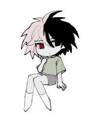 Rule 34 | 1boy, black eyes, black hair, closed mouth, colored skin, commentary request, green shirt, grey shorts, hair between eyes, hand on own shoulder, heterochromia, invisible chair, korean commentary, male focus, multicolored hair, nanami izu, no nose, nu (qjqmfqjqmf02), pink hair, red eyes, saibou shinkyoku, shirt, short hair, short sleeves, shorts, simple background, sitting, socks, solo, split-color hair, t-shirt, two-tone hair, white background, white skin, white socks