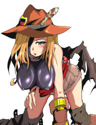 Rule 34 | atlus, bent over, blonde hair, blush, breasts, buta, covered erect nipples, etrian odyssey, feathers, gloves, green eyes, hat, large breasts, long hair, ranger, ranger (sekaiju), ranger 4 (sekaiju), solo