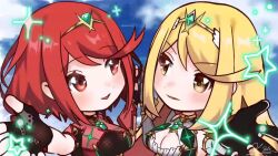 Rule 34 | 2girls, animated, blonde hair, breasts, chibi, cleavage, kyosuke1413koba, large breasts, live2d, multiple girls, mythra (xenoblade), pyra (xenoblade), red eyes, red hair, video, xenoblade chronicles (series), xenoblade chronicles 2, yellow eyes