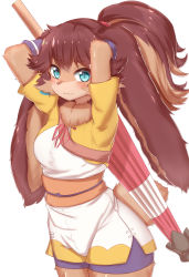 Rule 34 | 1girl, alien, animal ears, animal nose, blue eyes, blush, body fur, breasts, brown hair, furry, furry female, gloves, highres, holding, holding umbrella, horokusa (korai), looking at viewer, lop (star wars), obi, ponytail, purple gloves, rabbit ears, rabbit girl, sash, simple background, small breasts, smile, solo, star wars, star wars: visions, umbrella, very long ears, white background