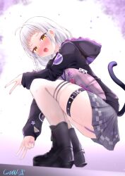 Rule 34 | 1girl, ahoge, animal hood, arched bangs, ass, black footwear, black jacket, blunt bangs, blush, braid, cat hood, commentary request, double v, gmkj, grey skirt, highres, hololive, hood, hood down, hooded jacket, jacket, long hair, long sleeves, looking at viewer, low twintails, miniskirt, murasaki shion, murasaki shion (school uniform), nail polish, nose blush, official alternate costume, open mouth, paid reward available, panties, partial commentary, pink nails, plaid, plaid skirt, purple panties, school uniform, side braid, single braid, skirt, solo, squatting, thigh strap, thighhighs, thighs, twintails, underwear, v, variant set, virtual youtuber, white hair, white thighhighs, yellow eyes
