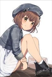 Rule 34 | 1girl, bad id, bad twitter id, bag, beret, brown eyes, brown hair, commentary request, dated, denim, denim jacket, grey hat, grey jacket, hat, headgear, highres, jacket, kantai collection, ludens (inonaka koubou), official alternate costume, pleated skirt, short hair, simple background, skirt, smile, solo, speaking tube headset, white background, white skirt, yukikaze (kancolle)