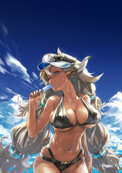 Rule 34 | 10s, 1girl, ;o, almeida (granblue fantasy), animal ears, bare shoulders, bikini, black bikini, blue eyes, blue gemstone, blue sky, breasts, cameltoe, cleavage, cloud, commentary request, cowboy shot, cream hair, curvy, day, draph, earrings, female focus, food, food in mouth, gem, granblue fantasy, grey hair, hairband, halterneck, hat, headlamp, highres, holding, holding food, holding popsicle, horns, huge breasts, ice cream, jewelry, large ears, linea alba, long hair, looking at viewer, mining helmet, naughty face, navel piercing, covered erect nipples, one eye closed, ox horns, piercing, pinup (style), pointy ears, popsicle, popsicle in mouth, redjuice, revision, sexually suggestive, shiny skin, shortstack, sideboob, skindentation, sky, solo, sweat, swimsuit, thick thighs, thighs, thighs together, toned, toned female, toned stomach, twintails, underboob, very long hair, visor cap, wide hips, wink