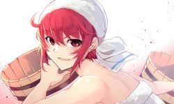 Rule 34 | 1girl, bucket, fire emblem, fire emblem fates, fire emblem heroes, highres, hinoka (fire emblem), nakabayashi zun, naked towel, nintendo, parted lips, red eyes, red hair, short hair, simple background, solo, towel, towel on head, wooden bucket