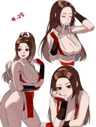 Rule 34 | 1girl, :d, breasts, brown eyes, brown hair, cleavage, dated, closed eyes, fatal fury, hair down, hair ribbon, hand on own face, high ponytail, highres, large breasts, long hair, looking at viewer, looking away, mouth hold, multiple views, ninja, oni gini, open mouth, pelvic curtain, ponytail, pout, revealing clothes, ribbon, ribbon in mouth, rope, shiranui mai, smile, symbol-only commentary, the king of fighters, thighs, wrist guards