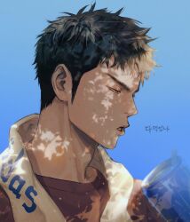 Rule 34 | 1boy, bishounen, black eyes, blue background, brown hair, brown shirt, can, dappled sunlight, day, half-closed eyes, highres, korean text, male focus, mitsui hisashi, og man, open mouth, portrait, profile, shade, shirt, short hair, slam dunk (series), solo, sunlight, sweat, toned, toned male, towel, towel around neck, translation request, tree shade, white towel