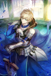 Rule 34 | 1boy, armor, armored dress, arthur pendragon (fate), blonde hair, blue cape, blue dress, breastplate, cape, dress, excalibur (fate/stay night), excalibur (fate/prototype), fate/grand order, fate/prototype, fate (series), faulds, gauntlets, greaves, green eyes, hair between eyes, highres, holding, holding sword, holding weapon, hood, hood down, looking at viewer, looking up, male focus, pauldrons, short hair, shoulder armor, smile, solo, standing, sword, tenyo0819, weapon