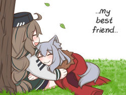 Rule 34 | 2girls, :d, ahoge, animal ear fluff, animal ears, arknights, black headwear, blush, braid, brown hair, closed eyes, closed mouth, commentary, cuora (arknights), english commentary, english text, fur-trimmed hood, fur trim, grass, green hair, green jacket, grey hair, guin guin, hair between eyes, hat, hood, jacket, long hair, long sleeves, multicolored hair, multiple girls, open mouth, profile, projekt red (arknights), red jacket, sitting, smile, streaked hair, tail, tree, very long hair, white background