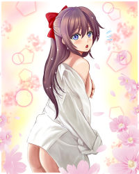 Rule 34 | 1girl, :o, absurdres, aqua eyes, artist name, artist request, bare shoulders, blue eyes, blush, bow, breasts, brown hair, collared shirt, covering privates, covering breasts, female focus, flower, from behind, hair between eyes, hair bow, half updo, high ponytail, highres, long hair, long sleeves, looking at viewer, looking back, love live!, love live! nijigasaki high school idol club, medium breasts, no bra, no panties, off-shoulder shirt, off shoulder, osaka shizuku, parted lips, pink flower, ponytail, red bow, shirt, sideboob, smile, solo, surprised, white shirt