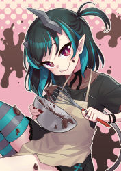 Rule 34 | 1girl, apron, black dress, black hair, blue hair, blue legwear, blush, brown apron, chocolate, closed mouth, commentary request, demon girl, demon horns, demon tail, dress, fang, fang out, feet out of frame, flat chest, grey legwear, head tilt, heebee, highres, horns, looking at viewer, medium hair, multicolored hair, nanashi inc., official alternate costume, pink background, pointy ears, red eyes, shishio chris, side ponytail, smile, solo, striped clothes, striped legwear, striped thighhighs, sugar lyric, tail, thighhighs, two-tone hair, virtual youtuber, whisk