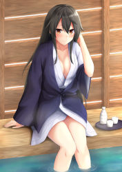 Rule 34 | 1girl, akahi242, alcohol, alternate costume, black hair, breasts, brown eyes, closed mouth, hair between eyes, haruna (kancolle), highres, japanese clothes, kantai collection, kimono, large breasts, long hair, looking at viewer, sitting, smile, solo, water