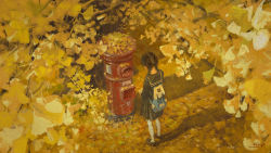Rule 34 | backpack, bag, black hair, braid, falling leaves, from above, highres, japanese cylindrical postbox, leaf, looking down, original, postbox (outgoing mail), school uniform, tree, twin braids, xiaobanbei milk, yellow leaves