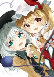 Rule 34 | 2girls, :d, ascot, black headwear, blonde hair, blurry, blurry foreground, crystal, dutch angle, flandre scarlet, frilled shirt collar, frilled sleeves, frills, green eyes, green hair, hair between eyes, hat, heart, heart hands, heart hands duo, heart of string, highres, kamachi (kamati0maru), komeiji koishi, long sleeves, looking at viewer, mob cap, multiple girls, one side up, open mouth, red eyes, red skirt, red vest, shirt, simple background, skirt, smile, third eye, touhou, vest, white background, white headwear, wide sleeves, wings, wrist cuffs, yellow ascot, yellow shirt