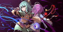 Rule 34 | 2girls, allcy49, arm up, arms up, axe, back, bag, belt, black belt, black headwear, blood, blood on clothes, bloody weapon, blouse, blue shirt, cape, closed mouth, collar, collared shirt, crystal, frills, gradient background, green cape, green eyes, green hair, green skirt, hair between eyes, hand up, hands up, hat, heart, highres, jewelry, knife, komeiji koishi, komeiji satori, light, long sleeves, multiple girls, no headwear, pink hair, pink skirt, purple background, shaded face, shadow, shirt, short hair, skirt, third eye, touhou, weapon, wide sleeves, yellow shirt