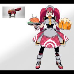 Rule 34 | 1girl, :&lt;, alcohol, beer, beer mug, black eyes, black pantyhose, breasts, closed mouth, cup, dress, foam, food, highres, holding, holding tray, large breasts, letterboxed, long hair, maid headdress, mug, necktie, nintendo, pantyhose, personification, pink hair, puffy short sleeves, puffy sleeves, rapid blaster pro (splatoon), reference inset, short sleeves, sido (slipknot), signature, simple background, solo, splatoon (series), standing, tray, twintails, waitress, yellow necktie
