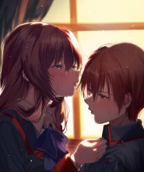Rule 34 | 1boy, 1girl, a-chan senpai, backlighting, black jacket, blue bow, blue eyes, blush, bow, brown eyes, brown hair, close-up, collared shirt, commentary request, couple, embarrassed, eyelashes, from side, hair between eyes, hair over shoulder, half-closed eyes, hetero, highres, imminent kiss, indoors, jacket, light particles, little busters!, little busters! school uniform, long hair, long sleeves, looking at another, miiizuno lbs, natsume kyousuke, parted lips, profile, puckered lips, school uniform, shirt, short hair, sidelocks, sunset, sweat, v-shaped eyebrows, white shirt, window