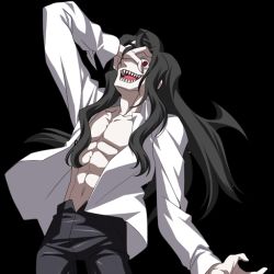 Rule 34 | 00s, 1boy, abs, black background, black hair, black pants, fangs, french-bread, hand on own face, hand over eye, long hair, long sleeves, looking at viewer, male focus, melty blood, michael roa valdamjong, official art, open clothes, open shirt, pants, red eyes, sharp teeth, shirt, simple background, solo, takeuchi takashi, teeth, tsukihime, type-moon, white shirt
