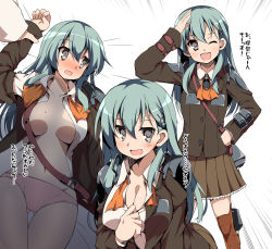Rule 34 | 10s, 1girl, :d, ;d, ascot, ass, black eyes, blazer, blush, breasts, brown thighhighs, cleavage, collarbone, convenient censoring, full-face blush, green hair, hair ornament, hairclip, holding another&#039;s wrist, hoppege, jacket, kantai collection, large breasts, leaning forward, long hair, long sleeves, looking at viewer, looking away, lying, machinery, multiple views, no pants, on back, one eye closed, open clothes, open mouth, panties, pleated skirt, school uniform, skirt, smile, suzuya (kancolle), thigh gap, thighhighs, thighs, underwear