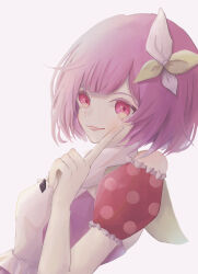 1girl bob_cut closed_mouth finran-19 highres long_sleeves looking_at_viewer ootori_emu open_mouth pink_eyes pink_hair polka_dot polka_dot_shirt project_sekai shirt short_hair simple_background smile white_background