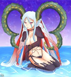 Rule 34 | 1girl, 2016, black thighhighs, blue hair, braid, breasts, curled horns, eyebrows, eyelashes, fate/grand order, fate (series), female focus, gradient hair, highres, horns, long hair, multicolored hair, navel, nipples, partially submerged, pink eyes, pubic tattoo, red hair, solo, symbol-shaped pupils, tattoo, thighhighs, tiamat (fate), water