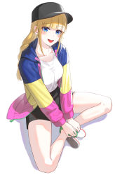 Rule 34 | 1girl, black hat, black shorts, blonde hair, blouse, blue eyes, blunt bangs, blush, braid, breasts, commentary request, full body, hat, highres, indian style, jacket, kfr, long hair, long sleeves, looking at viewer, medium breasts, multicolored clothes, multicolored jacket, open mouth, paripi koumei, shirt, shoes, shorts, simple background, sitting, smile, solo, teeth, tsukimi eiko, upper teeth only, white background, white footwear, white shirt