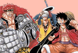 Rule 34 | 3boys, absurdres, attack, clenched hands, clenched teeth, devil fruit, eustass kid, fighting stance, hat, highres, holding, holding sword, holding weapon, jacket, jacket on shoulders, looking at viewer, male focus, mechanical arms, monkey d. luffy, multiple boys, muscular, muscular male, oda eiichirou (style), official style, one piece, pectorals, riku (rikuw223xx), scar, scar on chest, serious, sheath, sheathed, single mechanical arm, straw hat, sword, teamwork, teeth, trafalgar law, weapon