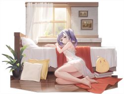 Rule 34 | 1girl, ahoge, animal, atelier (series), atelier ryza, atelier ryza 2, azur lane, bare arms, bare shoulders, barefoot, bed, bed sheet, bird, blue eyes, book, braid, breasts, commentary request, curtains, day, fingernails, flower pot, full body, highres, indoors, long hair, looking at viewer, manjuu (azur lane), medium breasts, nightgown, patricia abelheim, patricia abelheim (rest betwixt dreams and reality), pillow, plant, purple hair, reflection, see-through, simple background, sitting, thighs, toes, twintails, white hair, window, wooden floor