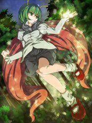 Rule 34 | 1girl, antennae, cape, female focus, forest, fujino (yoshi9798174), green eyes, green hair, highres, light particles, lights, long sleeves, mary janes, matching hair/eyes, nature, puffy sleeves, shirt, shoes, short hair, shorts, solo, touhou, wriggle nightbug