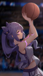 Rule 34 | 1girl, absurdres, alternate costume, armpits, arms up, ball, bare shoulders, basketball, basketball uniform, breasts, closed mouth, cone hair bun, cowboy shot, earrings, electricity, from side, genshin impact, glowing, glowing eye, grey shirt, grey shorts, hair bun, highres, holding, holding ball, indoors, jewelry, keqing (genshin impact), kong ting, long hair, medium breasts, midriff peek, navel, pink eyes, purple hair, shirt, shorts, sideboob, smile, solo focus, sportswear, tank top, twintails, v-shaped eyebrows