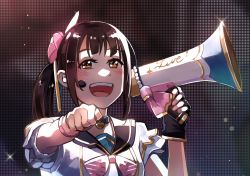 Rule 34 | 1girl, blush, brown hair, commentary, commentary request, english commentary, fingerless gloves, gloves, highres, holding, holding megaphone, kusunoki tomori, like it! love it!, looking at viewer, love live!, love live! nijigasaki high school idol club, medium hair, megaphone, myonmukyuu, orange eyes, partial commentary, real life, side ponytail, sidelocks, single glove, solo, upper body, voice actor, voice actor connection, yuki setsuna (love live!)
