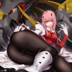 Rule 34 | 10s, 1girl, aqua eyes, ass, blush, boots, breasts, cameltoe, coat, come hither, curvy, darklotus, darling in the franxx, gloves, hairband, hand on ass, highres, hip focus, horns, long hair, long sleeves, looking at viewer, lying, medium breasts, military, military uniform, naughty face, on side, pantyhose, pink hair, red shirt, seductive smile, shiny clothes, shirt, smile, solo, thick thighs, thighs, tongue, tongue out, uniform, wide hips, zero two (darling in the franxx)