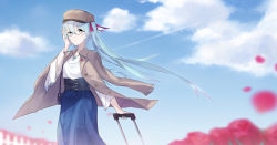 Rule 34 | 1girl, blue hair, blue skirt, blue sky, blurry, blurry foreground, bracelet, brown hat, closed mouth, cloud, coat, coat on shoulders, day, domremix, floating hair, flower, glasses, green eyes, hair between eyes, hair ribbon, hand in own hair, hat, hatsune miku, highres, holding, jewelry, long hair, long skirt, long sleeves, necklace, open clothes, open coat, outdoors, petals, pleated skirt, red-framed eyewear, red flower, red ribbon, ribbon, rolling suitcase, semi-rimless eyewear, shirt, skirt, sky, smile, solo, suitcase, twintails, under-rim eyewear, underbust, very long hair, vocaloid, white shirt