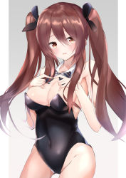 Rule 34 | 1girl, black bow, black bowtie, black leotard, bow, bowtie, breasts, brown eyes, brown hair, cleavage, commentary request, contrapposto, detached collar, highres, idolmaster, idolmaster shiny colors, leotard, long hair, maddo (gasser 0518), medium breasts, osaki tenka, playboy bunny, solo, striped bow, striped bowtie, striped clothes, striped neckwear, twintails, wrist cuffs