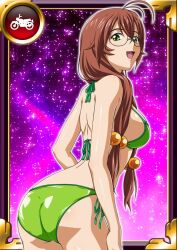 Rule 34 | 1girl, ass, bikini, breasts, breasts squeezed together, brown hair, card (medium), curvy, embarrassed, glasses, green bikini, green eyes, hair ornament, ikkitousen, large breasts, long hair, looking at viewer, looking back, official art, open mouth, ryuubi gentoku, shiny skin, side-tie bikini bottom, smile, solo, striped clothes, swimsuit, very long hair, wide hips