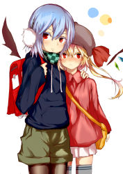 Rule 34 | 2girls, alternate costume, backpack, bag, bat wings, black legwear, blonde hair, blue hair, blush, checkered clothes, checkered scarf, closed mouth, colored eyelashes, commentary request, contemporary, crystal, earmuffs, flandre scarlet, grey legwear, hat, hat ribbon, highres, hood, hood down, hoodie, kindergarten uniform, looking at viewer, mob cap, multiple girls, no headwear, no headwear, nose blush, randoseru, red eyes, red ribbon, remilia scarlet, ribbon, sakushou, scarf, shorts, siblings, side ponytail, sisters, skirt, thighhighs, touhou, white background, white skirt, wings