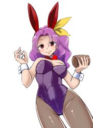 Rule 34 | 1girl, animal ears, artist request, blush, bow, bowtie, breasts, closed mouth, detached collar, dice, fake animal ears, holding dice, komakusa sannyo, leotard, long hair, pantyhose, playboy bunny, ponytail, purple hair, purple leotard, rabbit ears, red eyes, ribbon, simple background, smile, strapless, strapless leotard, touhou, white background, wrist cuffs, yellow ribbon