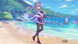 Rule 34 | 1girl, beach, black pantyhose, blue sky, cloud, cloudy sky, company connection, copyright name, crossover, day, double bun, dress, full body, genshin impact, gloves, hair between eyes, hair bun, hair ornament, high heels, highres, holding, holding sword, holding weapon, honkai (series), honkai impact 3rd, keqing (genshin impact), logo, long hair, looking at viewer, mihoyo, ocean, official art, outdoors, pantyhose, purple dress, purple eyes, purple footwear, purple gloves, purple hair, sand, second-party source, shoes, sky, slimetan, solo, sword, tree, twintails, weapon