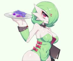 Rule 34 | 1girl, bare shoulders, black choker, blush, bob cut, bow, breasts, carrying, carrying under arm, censored, censored food, choker, cleavage, collarbone, colored skin, covered navel, creatures (company), drunkoak, eyeliner, female focus, game freak, gardevoir, gen 3 pokemon, green background, green hair, green leotard, hair ornament, hair over one eye, hairclip, hand up, highres, holding, holding tray, leotard, looking at viewer, makeup, medium breasts, menu, mosaic censoring, nintendo, one eye covered, orange eyeliner, parted lips, poke ball symbol, pokemon, pokemon (creature), red bow, red eyes, shiny clothes, shiny skin, short hair, simple background, skindentation, solo, standing, strapless, strapless leotard, teeth, tray, waitress, white skin, wide hips, wrist cuffs