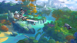 Rule 34 | 1girl, aircraft, black hair, boots, bridge, building, city, cityscape, cloud, cloudy sky, day, drone, flying, giant mushroom, giant tree, goggles, highres, horse, jungle, landscape, leaning forward, looking afar, looking to the side, mountain, mushroom, nature, original, outdoors, pink shorts, riding, river, scenery, science fiction, short hair, shorts, signature, sky, skyline, skyscraper, solo focus, sports bra, tree, water, waterfall, wreckage, wristband, zhu qi