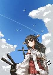 Rule 34 | 10s, 1girl, amonitto, bare shoulders, black hair, blue sky, blush, cloud, contrail, day, detached sleeves, frilled skirt, frills, hair ornament, hairband, hairclip, haruna (kancolle), headgear, kantai collection, long hair, machinery, nontraditional miko, pleated skirt, red eyes, red skirt, ribbon-trimmed sleeves, ribbon trim, skirt, sky, sleeves past wrists, solo, upper body