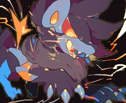 Rule 34 | akadako, animal focus, bags under eyes, black background, bright pupils, claws, creatures (company), electricity, fangs, game freak, gen 4 pokemon, glowing mouth, looking to the side, luxray, neck fur, nintendo, no humans, one-hour drawing challenge, open mouth, orange eyes, outline, pokemon, pokemon (creature), skin fangs, solo, white pupils, yellow outline