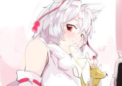 Rule 34 | 1girl, animal ears, banana, bare shoulders, blush, breasts, commentary request, cream, cream on face, detached sleeves, eating, fingernails, food, food on face, from below, fruit, hat, index finger raised, inubashiri momiji, large breasts, pom pom (clothes), red eyes, sexually suggestive, shirt, short hair, sinzan, sleeveless, sleeveless shirt, solo, sprinkles, tassel, tokin hat, touhou, turtleneck, upper body, white background, white hair, wolf ears