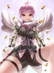 Rule 34 | 1girl, ahoge, belt, bike shorts, black gloves, casing ejection, cigarette, commentary request, crossed arms, dual wielding, finger on trigger, gloves, gun, handgun, holding, holding gun, holding weapon, holster, kfr, knife, leg belt, legs apart, long sleeves, looking at viewer, magazine (weapon), magazine ejection, mouth hold, original, pistol, purple eyes, purple hair, shell casing, short hair, solo, standing, weapon