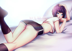 Rule 34 | 1girl, artist name, ass, black socks, black shorts, blue eyes, blush, breasts, cropped shirt, eyelashes, foot up, hand on own head, kneehighs, leg up, lying, on bed, on stomach, original, parted lips, purple hair, red lips, ruzi, shirt, short hair, short sleeves, shorts, socks, solo, thighs, underboob, white shirt