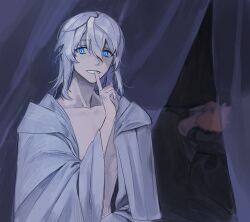 Rule 34 | 2boys, blue eyes, curtains, erichthonios, final fantasy, final fantasy xiv, finger to mouth, gg dal, grey hair, hand up, index finger raised, long hair, looking at viewer, male focus, multiple boys, orange hair, shushing, sleeping, smile, themis (ff14)
